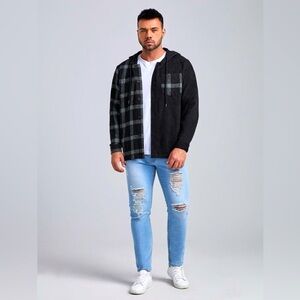 EUC Manfinity Plus Plaid Paneled Hooded Jacket